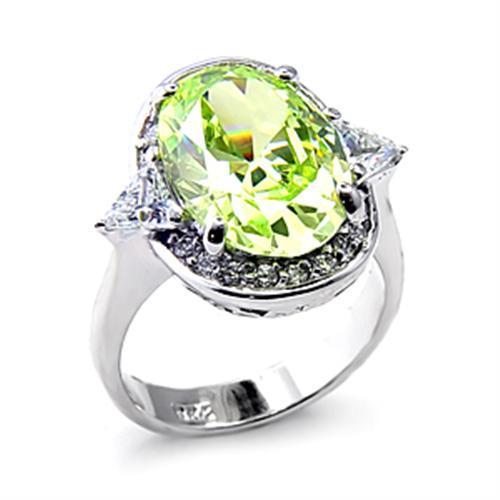 6X187 Rhodium 925 Sterling Silver Ring featuring a large AAA Grade CZ stone in apple green color, showcasing its elegant design and craftsmanship.