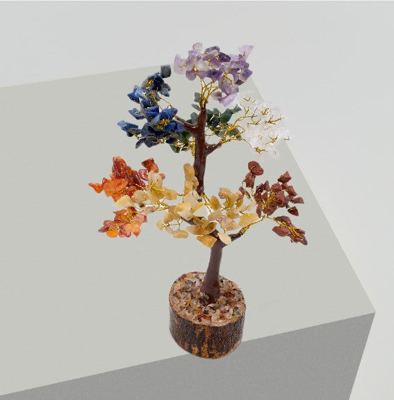 7 Chakra Natural Gemstone Healing Tree with 300 chips, featuring colorful gemstones as leaves and a wooden base.
