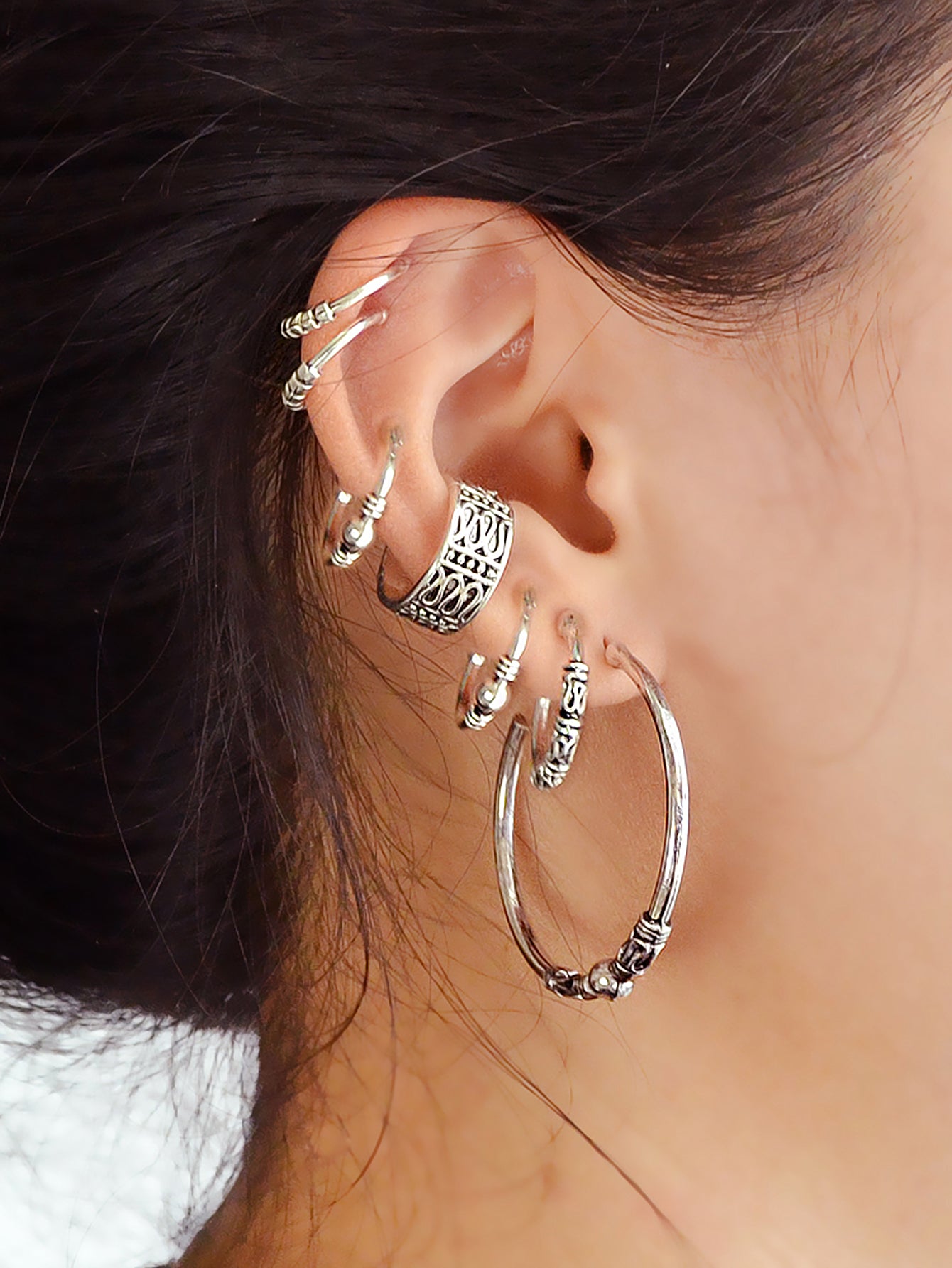 Main 7 pcs Boho Chic Antique Silver Hoop Earrings Set Oxidized Intricate image