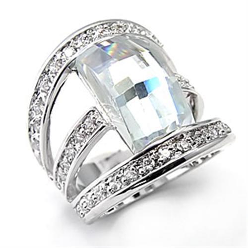 7X053 Rhodium Brass Ring featuring a clear AAA Grade CZ stone, showcasing its elegant design and shiny finish.