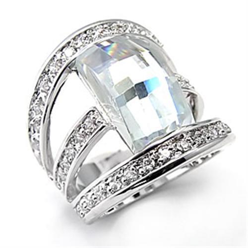 7X053 Rhodium Brass Ring featuring a clear AAA Grade CZ stone, showcasing its elegant design and shiny finish.