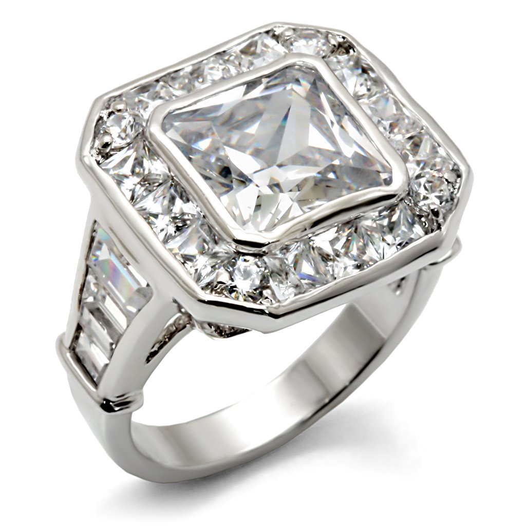 7X063 Rhodium Brass Ring featuring a clear AAA Grade CZ stone, showcasing its elegant design and luxurious finish.