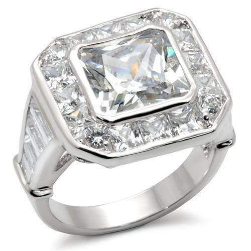7X063 Rhodium Brass Ring featuring a clear AAA Grade CZ stone, showcasing its elegant design and luxurious finish.