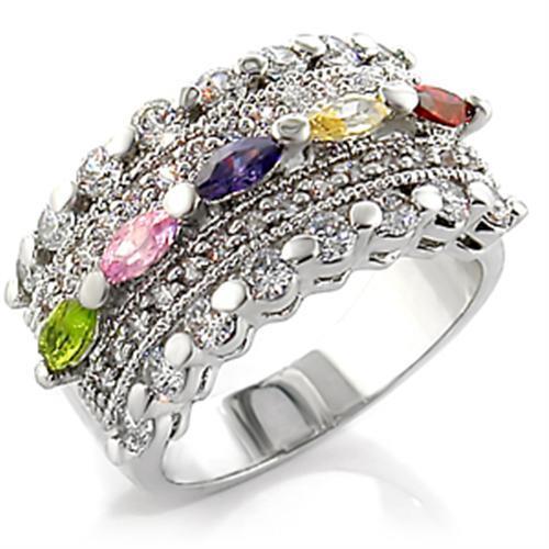 7X129 Rhodium Brass Ring featuring AAA Grade CZ stones in vibrant multi colors, showcasing its elegant design and luxurious finish.