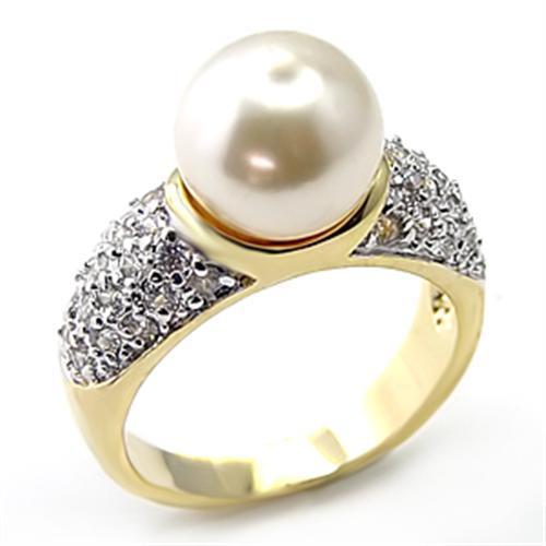 7X203 Gold and Rhodium 925 Sterling Silver Ring featuring a white synthetic pearl centerpiece, elegantly designed for any occasion.