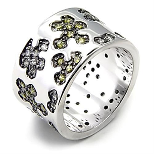 7X229 Rhodium + Ruthenium 925 Sterling Silver Ring featuring AAA Grade CZ stones in olivine color.