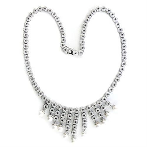 Elegant rhodium brass necklace featuring a synthetic white pearl centerpiece, showcasing a luxurious design.