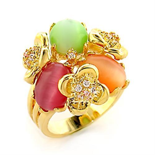 A stunning gold brass ring featuring a vibrant multi-color synthetic cat eye stone, elegantly designed for style and comfort.