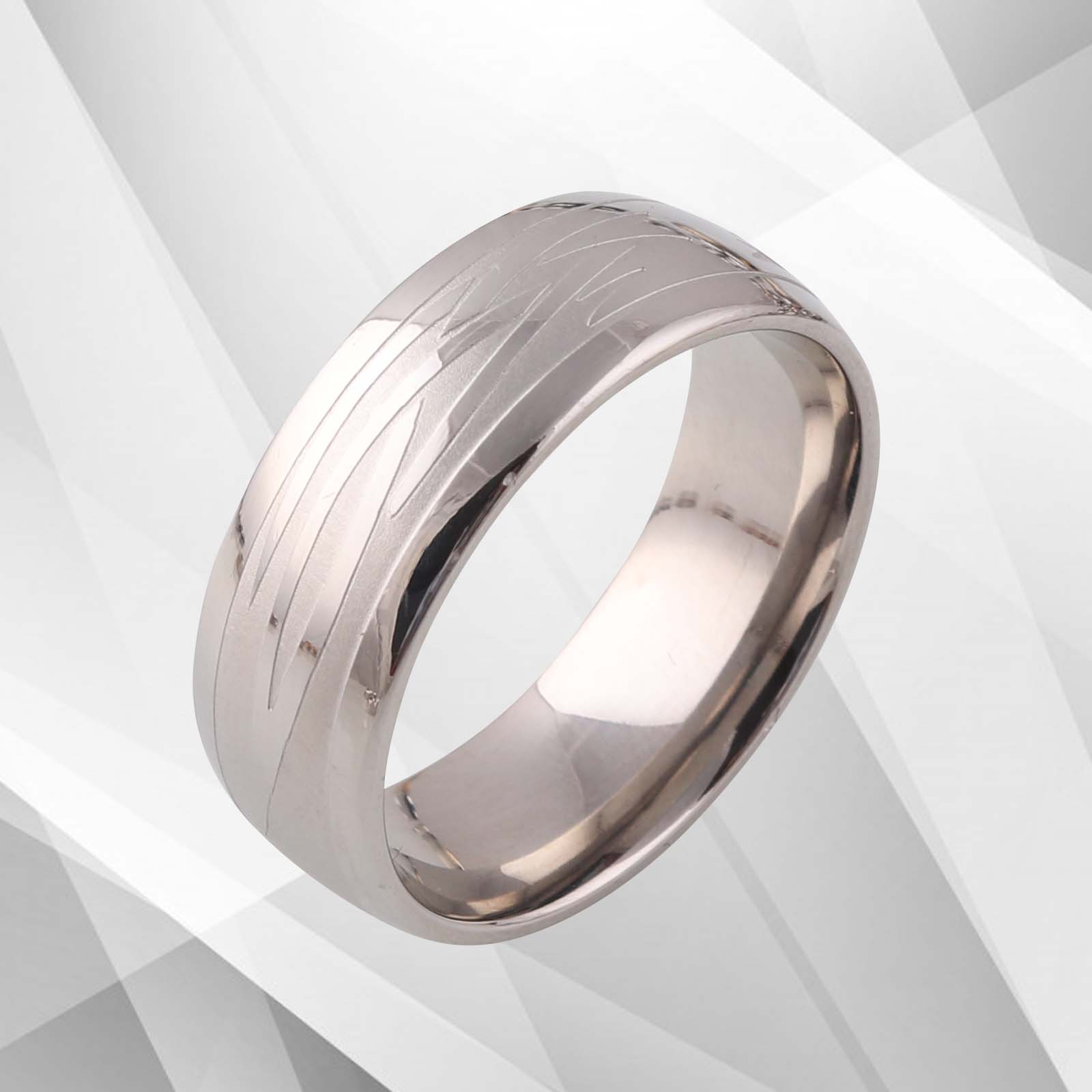 8mm Men's Titanium Wedding Anniversary Band Ring with D-shaped design and 18Ct white gold finish, showcasing a brushed titanium exterior.