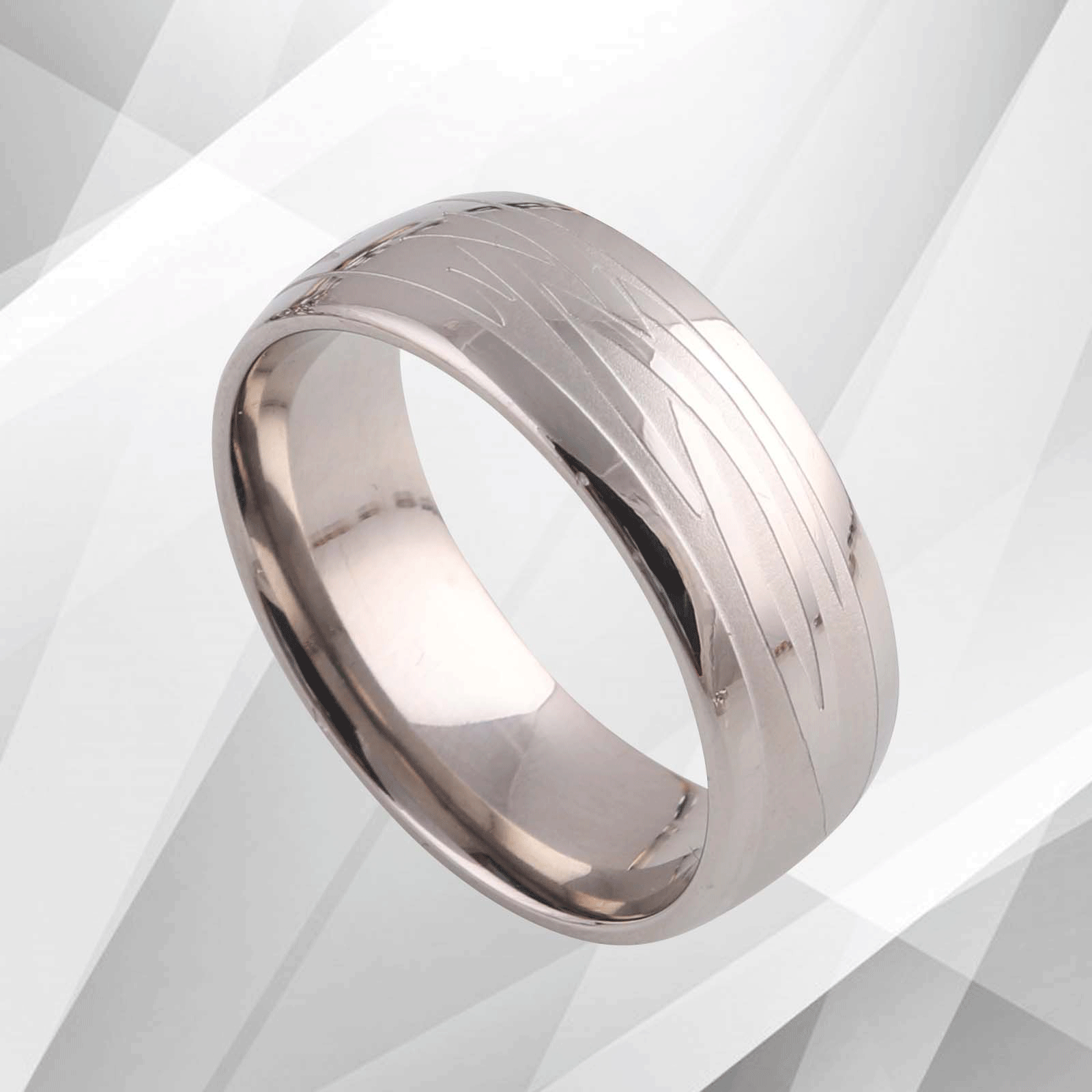8mm Men's Titanium Wedding Anniversary Band Ring with D-shaped design and 18Ct white gold finish, showcasing a brushed titanium exterior.