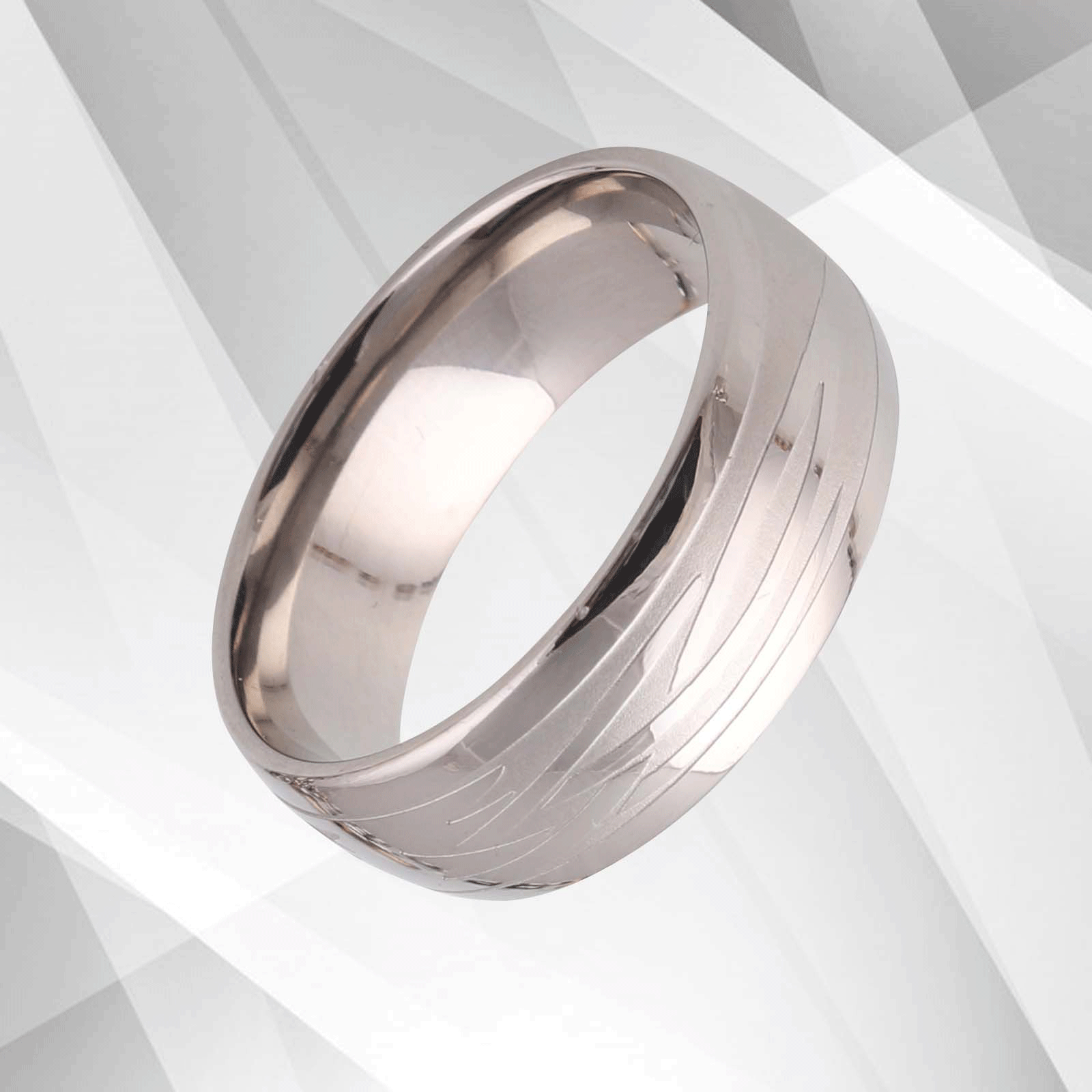 8mm Men's Titanium Wedding Anniversary Band Ring with D-shaped design and 18Ct white gold finish, showcasing a brushed titanium exterior.