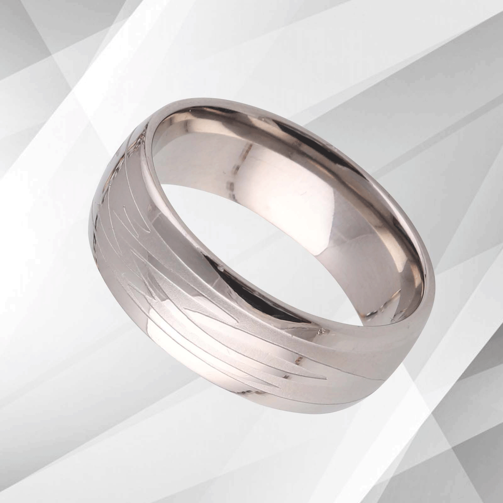 8mm Men's Titanium Wedding Anniversary Band Ring with D-shaped design and 18Ct white gold finish, showcasing a brushed titanium exterior.