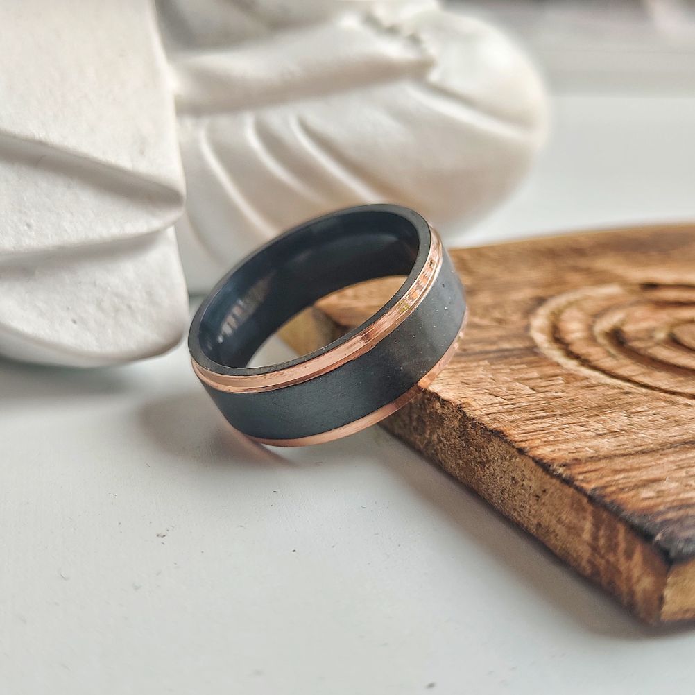 8mm wide black tungsten thick men's band ring with gothic design, showcasing a shiny stainless steel finish.