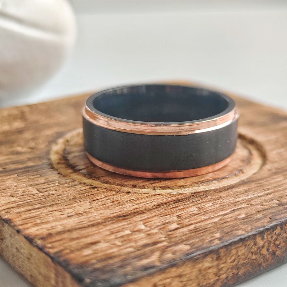 8mm wide black tungsten thick men's band ring with gothic design, showcasing a shiny stainless steel finish.