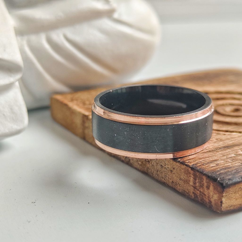 8mm wide black tungsten thick men's band ring with gothic design, showcasing a shiny stainless steel finish.