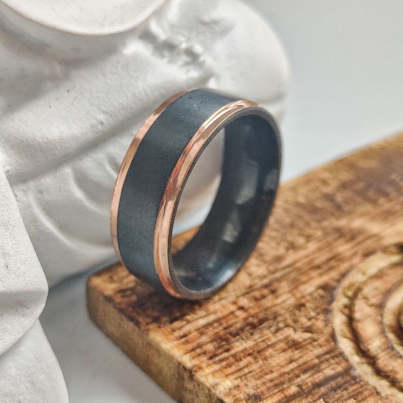 8mm wide black tungsten thick men's band ring with gothic design, showcasing a shiny stainless steel finish.