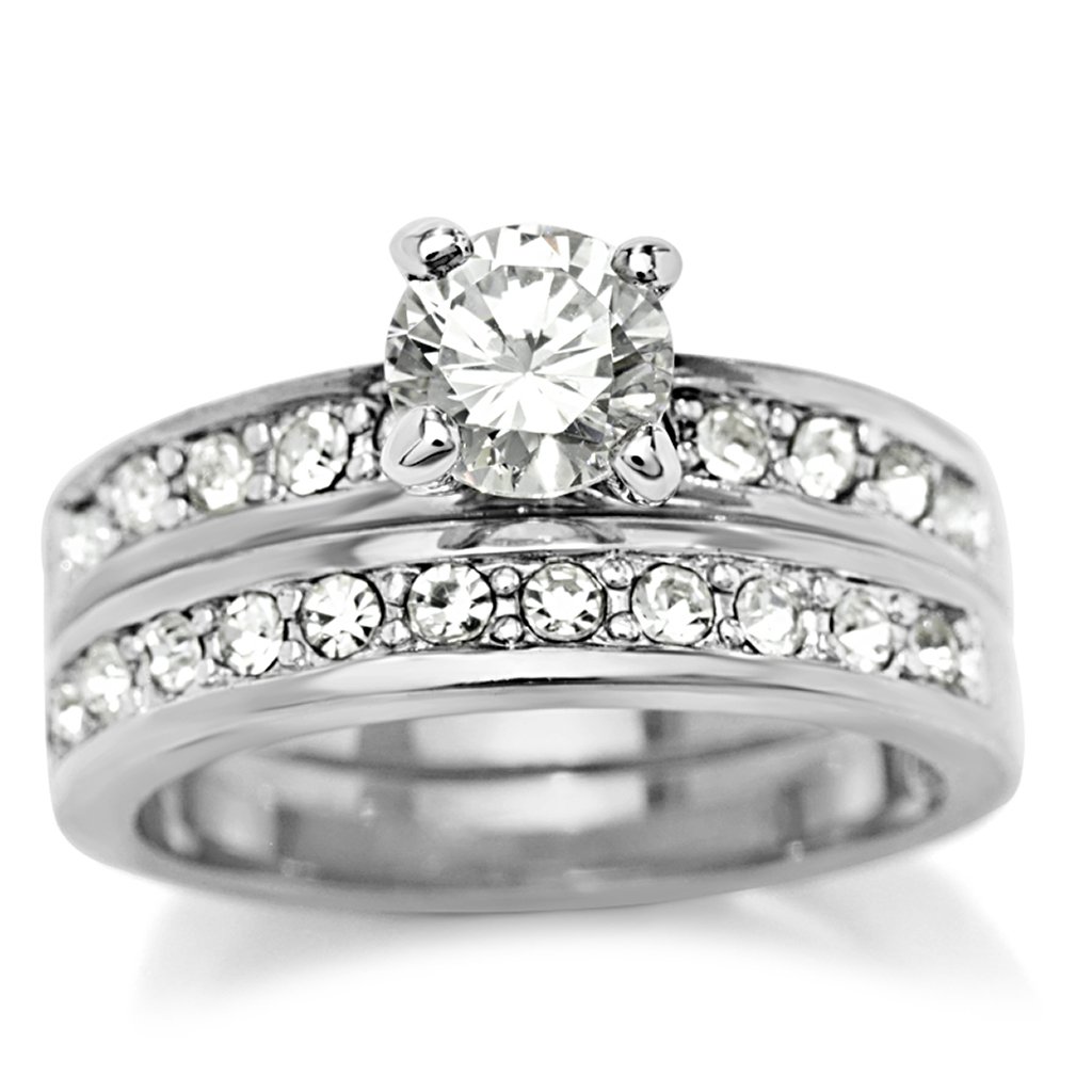 8X002 Rhodium Brass Ring featuring a clear AAA Grade CZ stone, elegantly designed for a sophisticated look.