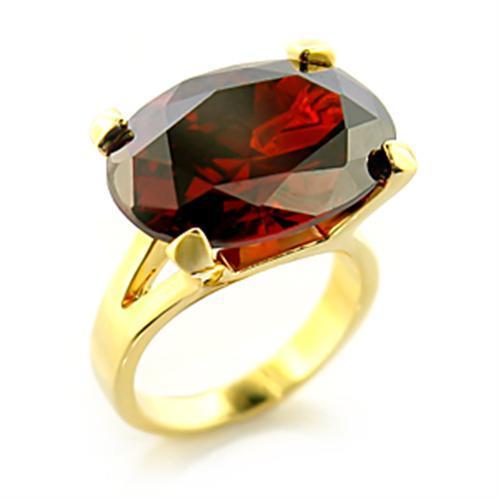 8X102 Gold Brass Ring featuring AAA Grade CZ in a rich garnet color, showcasing its elegant design and luxurious finish.