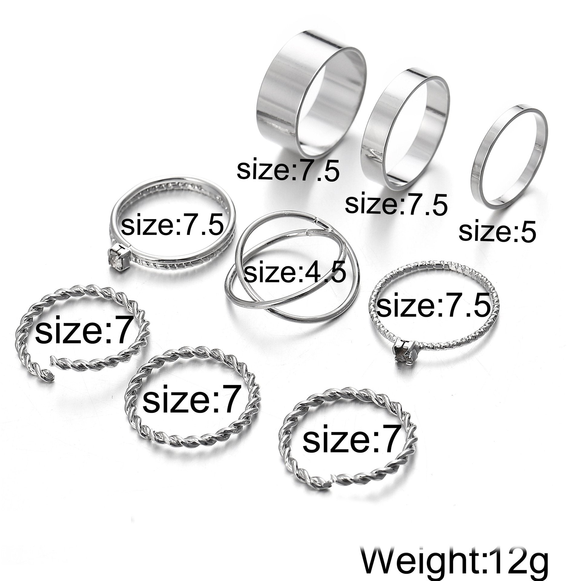 9 Piece Twist Geo Ring Set featuring elegant 18K white gold plating, showcasing unique twist designs.
