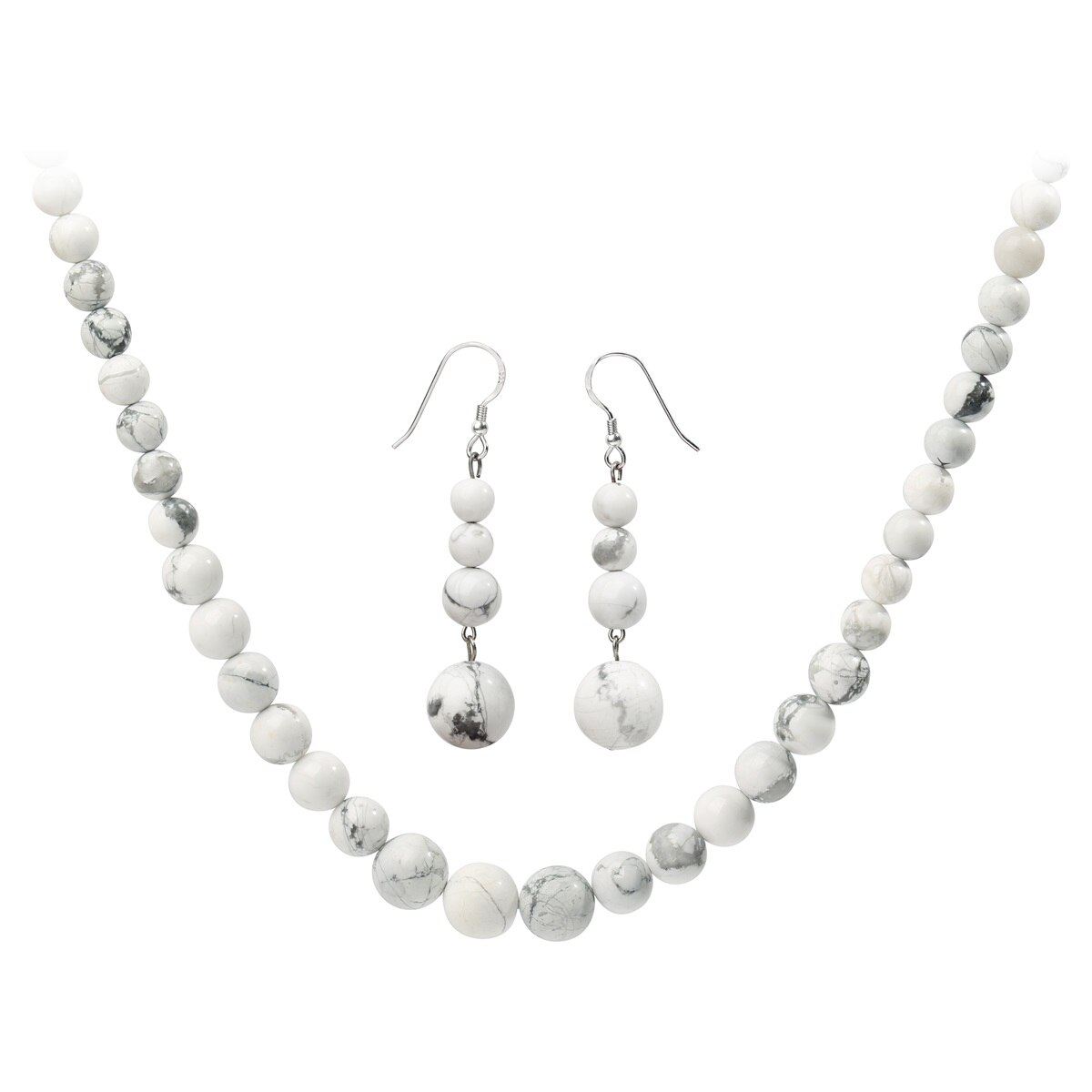 925 Sterling Silver Natural Howlite Choker Necklace and Dangle Earrings Set, featuring white howlite beads in 6mm, 8mm, and 10mm sizes.