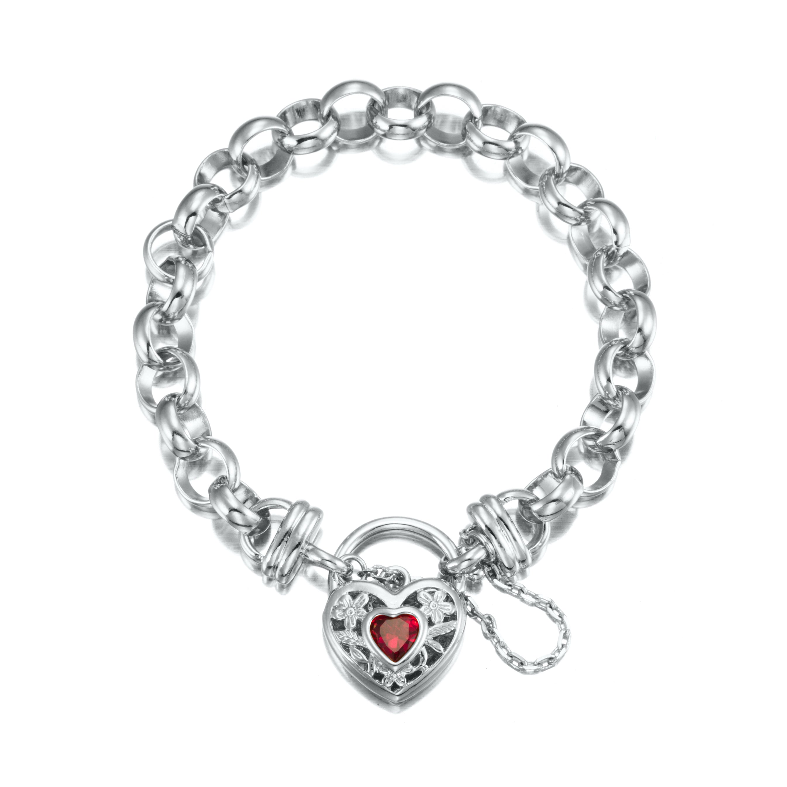 925 Sterling Silver Plated 10mm Belcher Chain Bracelet featuring a filigree locket with a simulated ruby, elegantly displayed.