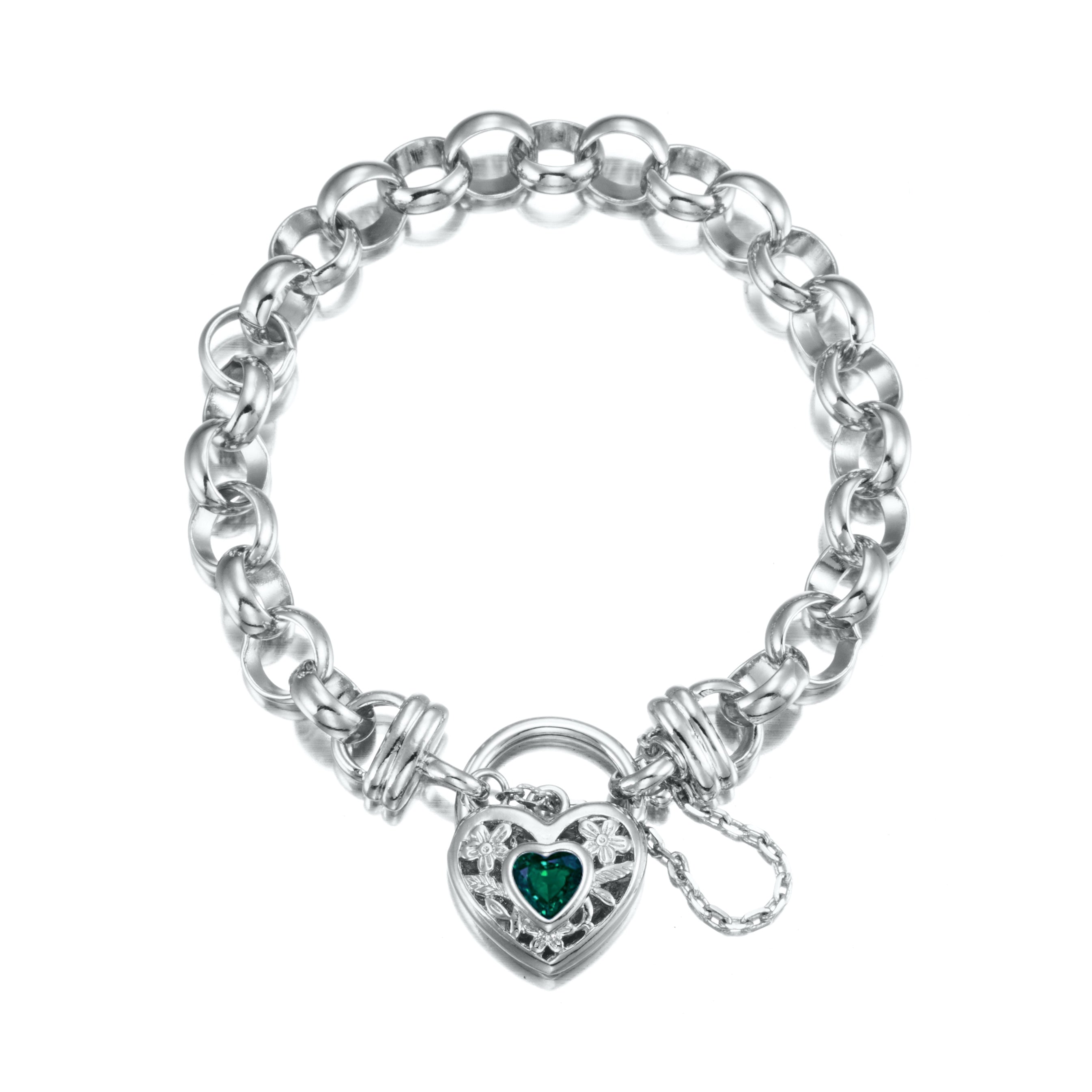 925 Sterling Silver Plated 10mm Belcher Chain Bracelet featuring a Green Filigree Locket, showcasing its elegant design and quality craftsmanship.