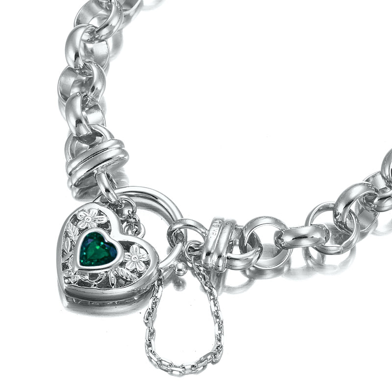 925 Sterling Silver Plated 10mm Belcher Chain Bracelet featuring a Green Filigree Locket, showcasing its elegant design and quality craftsmanship.