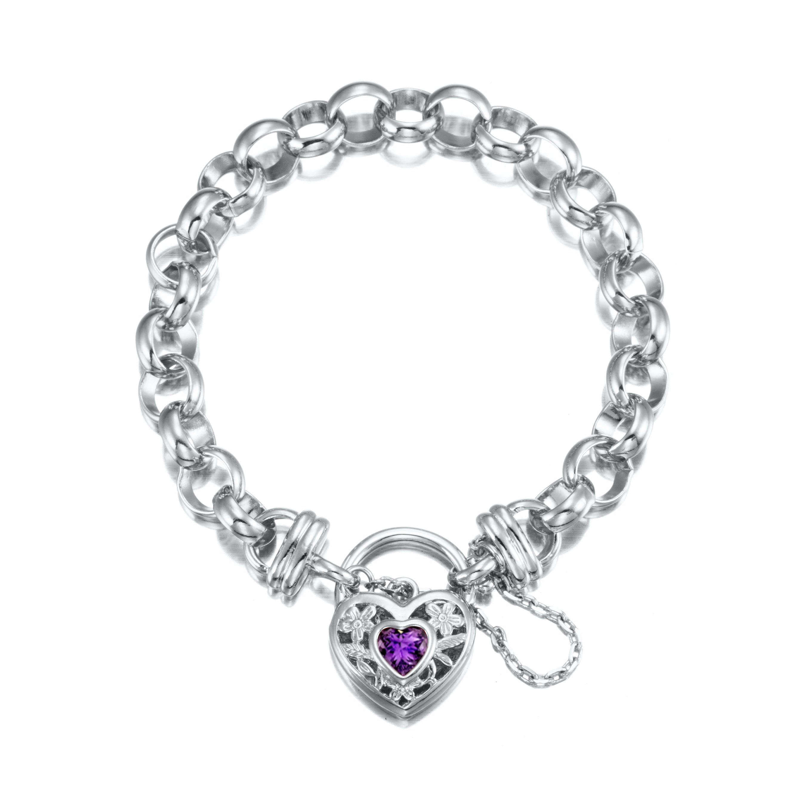 925 Sterling Silver Plated 10mm Belcher Chain Bracelet featuring a purple filigree locket, showcasing its elegant design and quality craftsmanship.