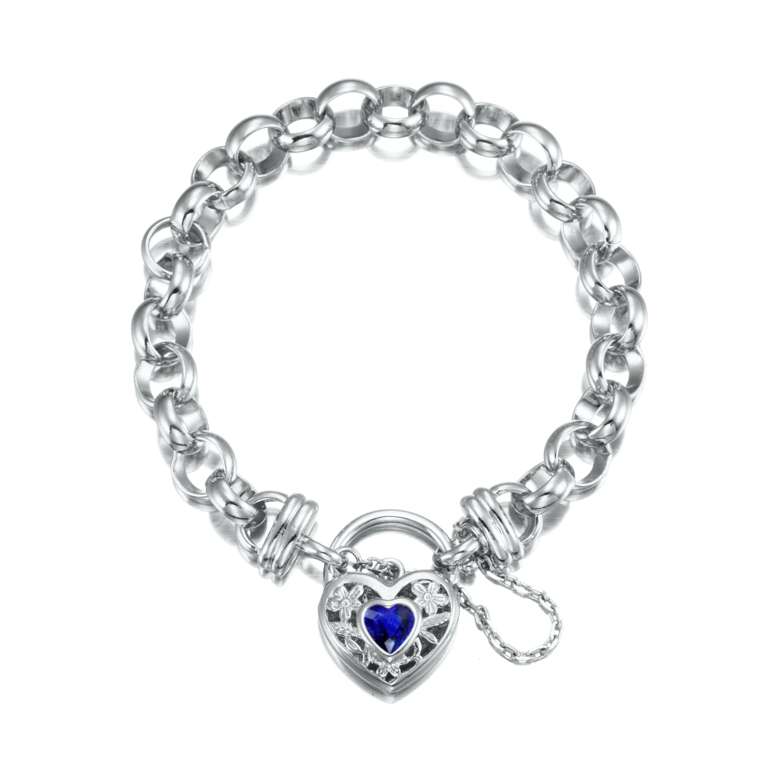 925 Sterling Silver Plated 10mm Belcher Chain Bracelet featuring a dark blue filigree locket, showcasing its elegant design and quality craftsmanship.