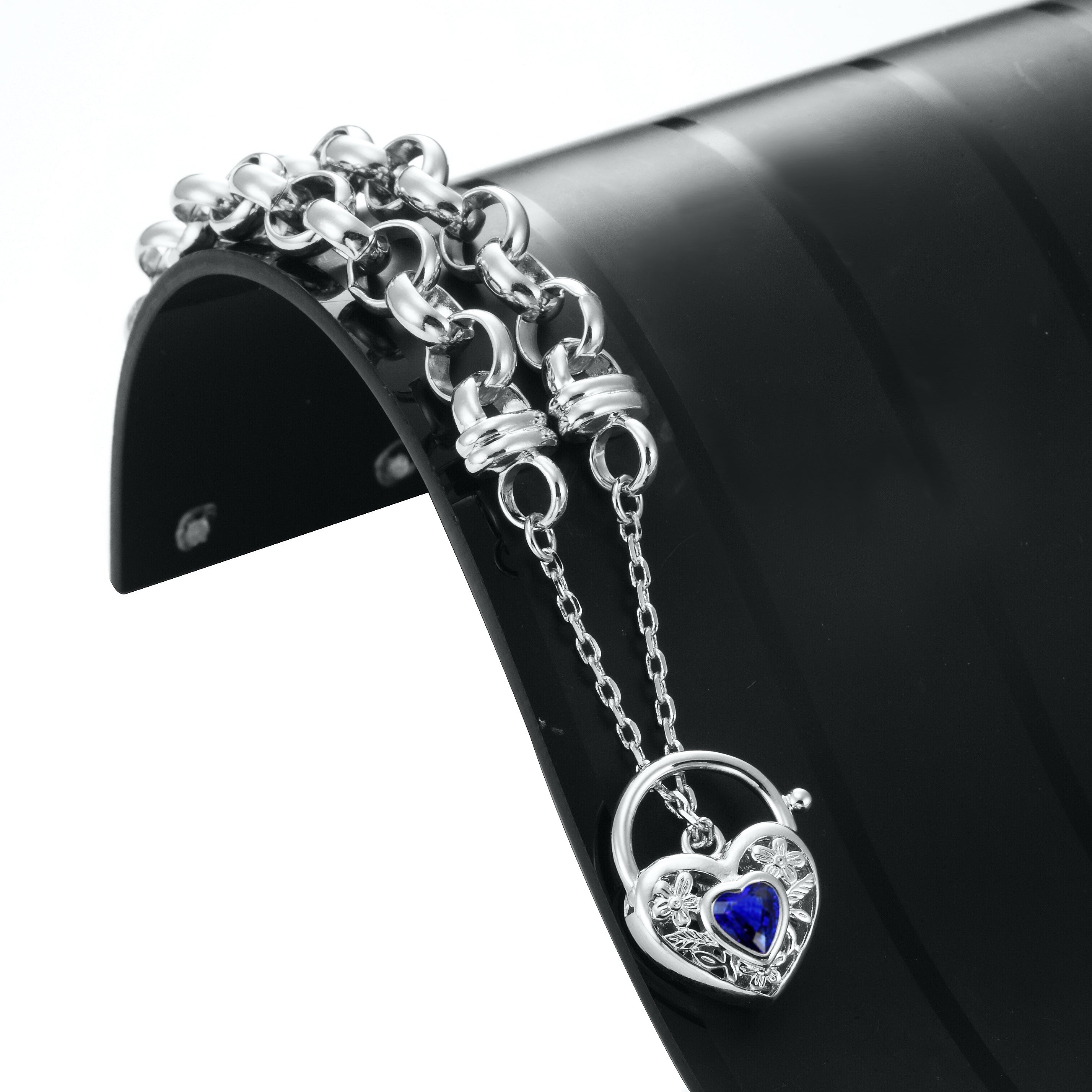 925 Sterling Silver Plated 10mm Belcher Chain Bracelet featuring a dark blue filigree locket, showcasing its elegant design and quality craftsmanship.