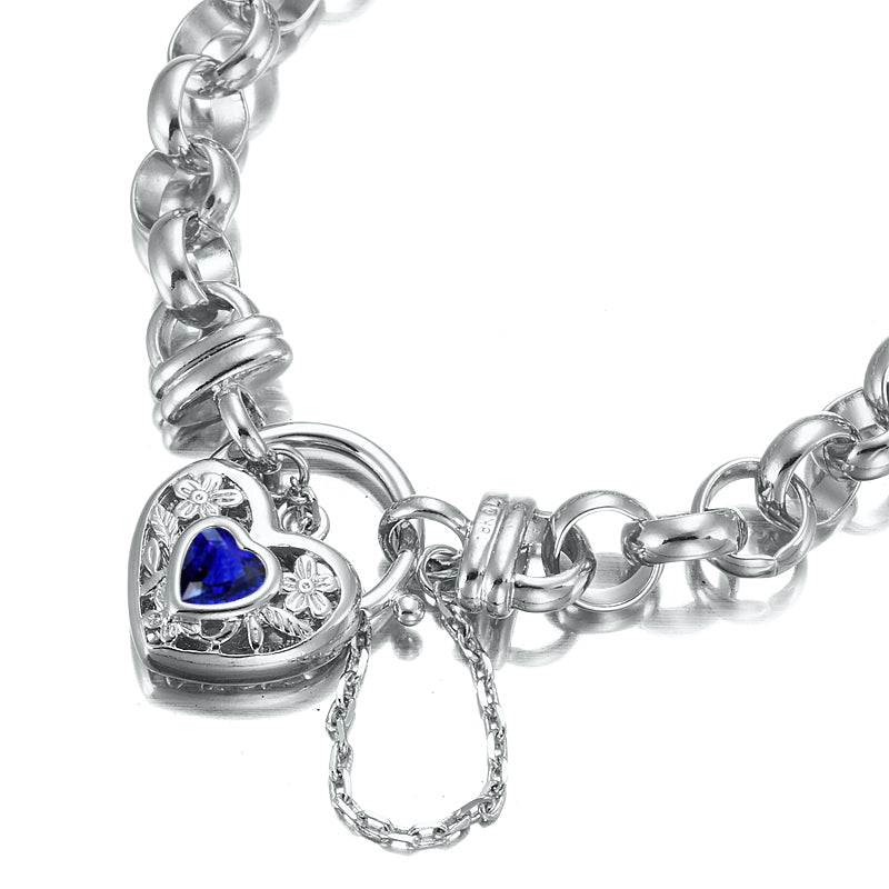 925 Sterling Silver Plated 10mm Belcher Chain Bracelet featuring a dark blue filigree locket, showcasing its elegant design and quality craftsmanship.