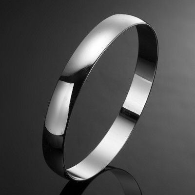 A 925 Sterling Silver Plated 10mm Plain Bangle, showcasing its sleek design and shiny finish, made in the USA.