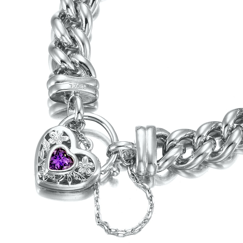 A 925 Sterling Silver Plated Euro Curb Chain Bracelet featuring a purple filigree locket, showcasing its elegant design and quality craftsmanship.