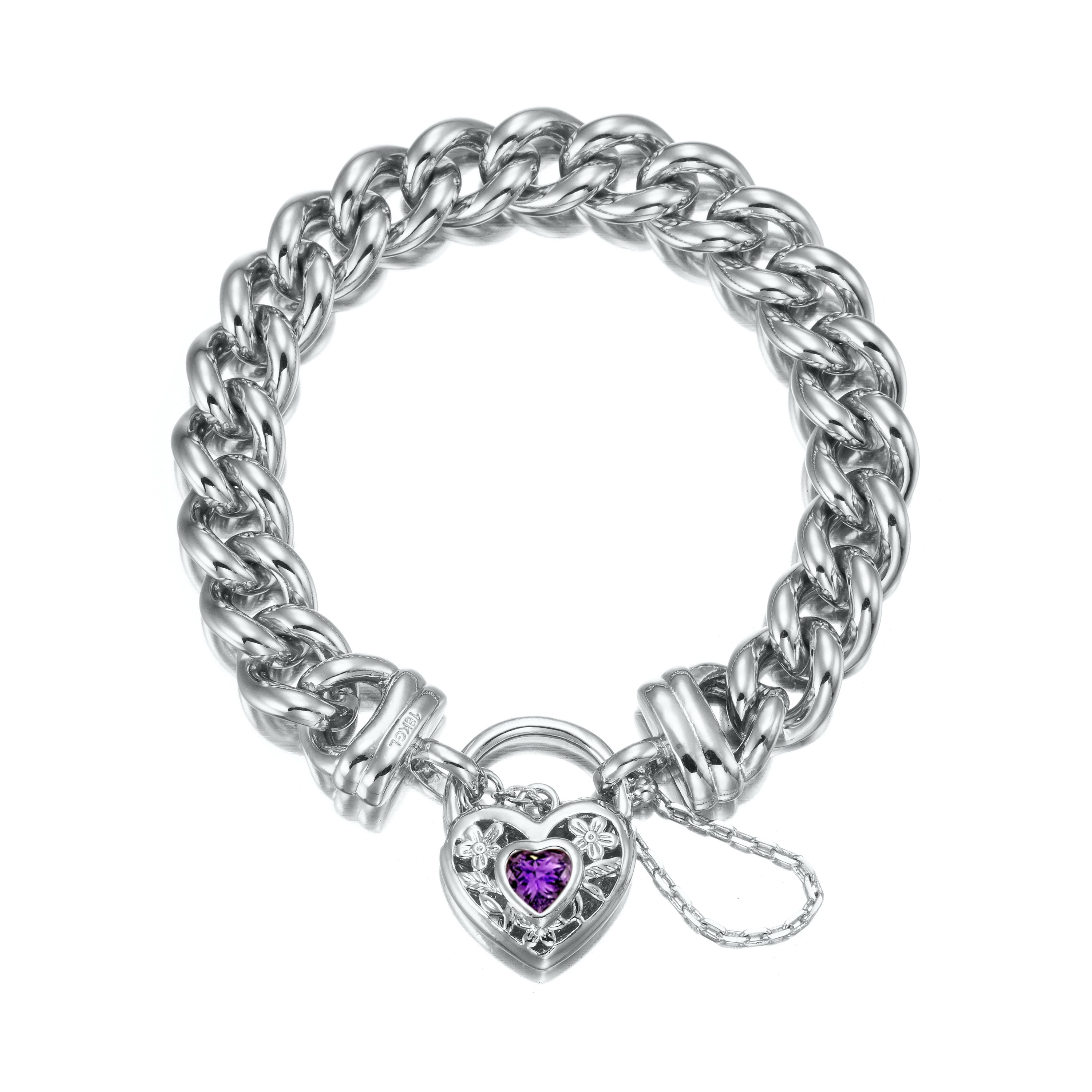 A 925 Sterling Silver Plated Euro Curb Chain Bracelet featuring a purple filigree locket, showcasing its elegant design and quality craftsmanship.
