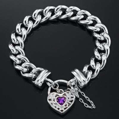 A 925 Sterling Silver Plated Euro Curb Chain Bracelet featuring a purple filigree locket, showcasing its elegant design and quality craftsmanship.