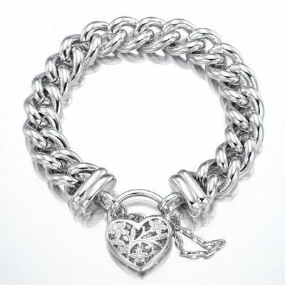 A 925 Sterling Silver Plated 12mm Euro Curb Chain Bracelet featuring a filigree locket, showcasing its elegant design and shiny finish.