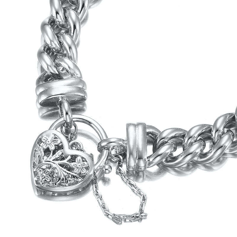 A 925 Sterling Silver Plated 12mm Euro Curb Chain Bracelet featuring a filigree locket, showcasing its elegant design and shiny finish.