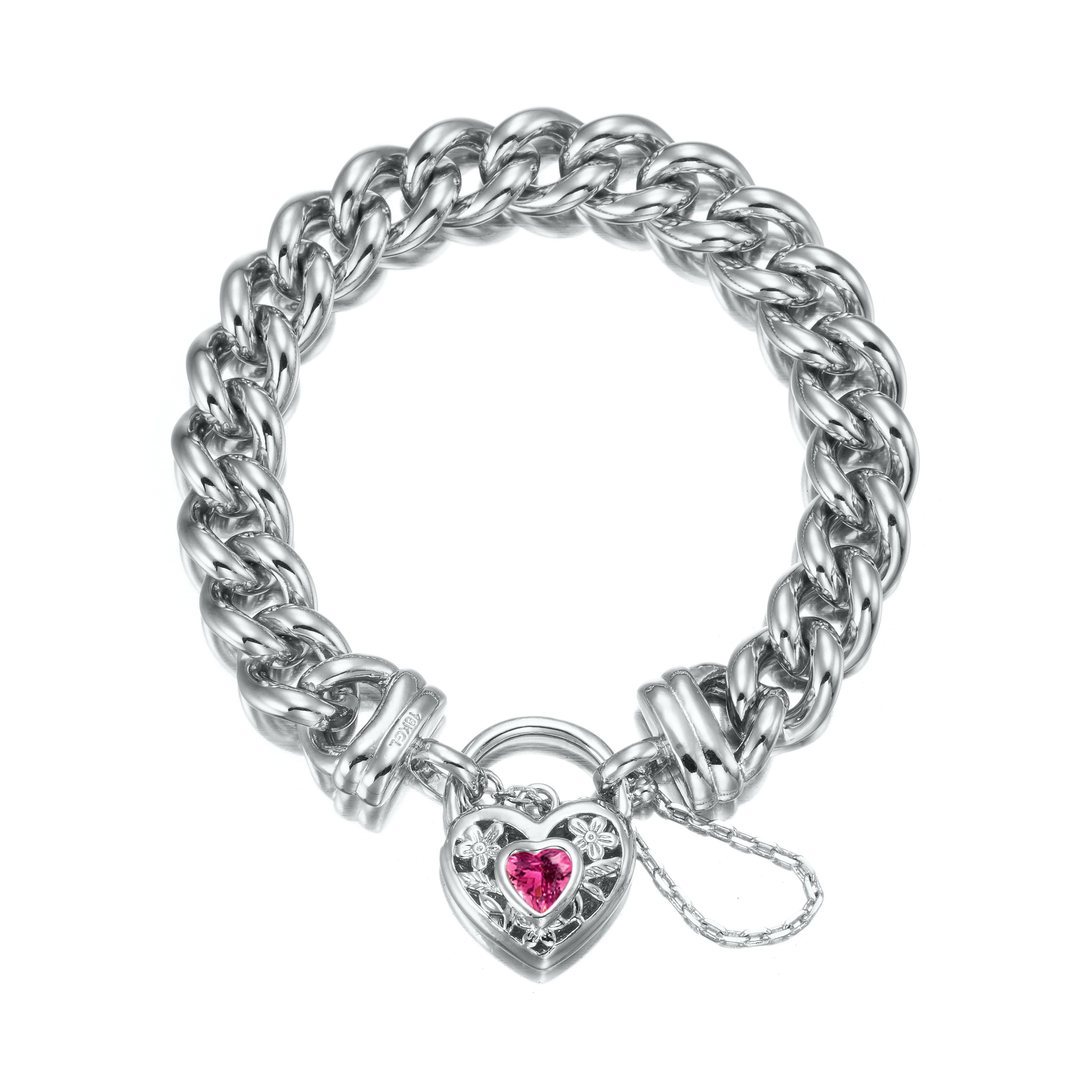A 925 Sterling Silver Plated 12mm Euro Curb Chain Bracelet featuring a pink filigree locket, showcasing its elegant design and quality craftsmanship.