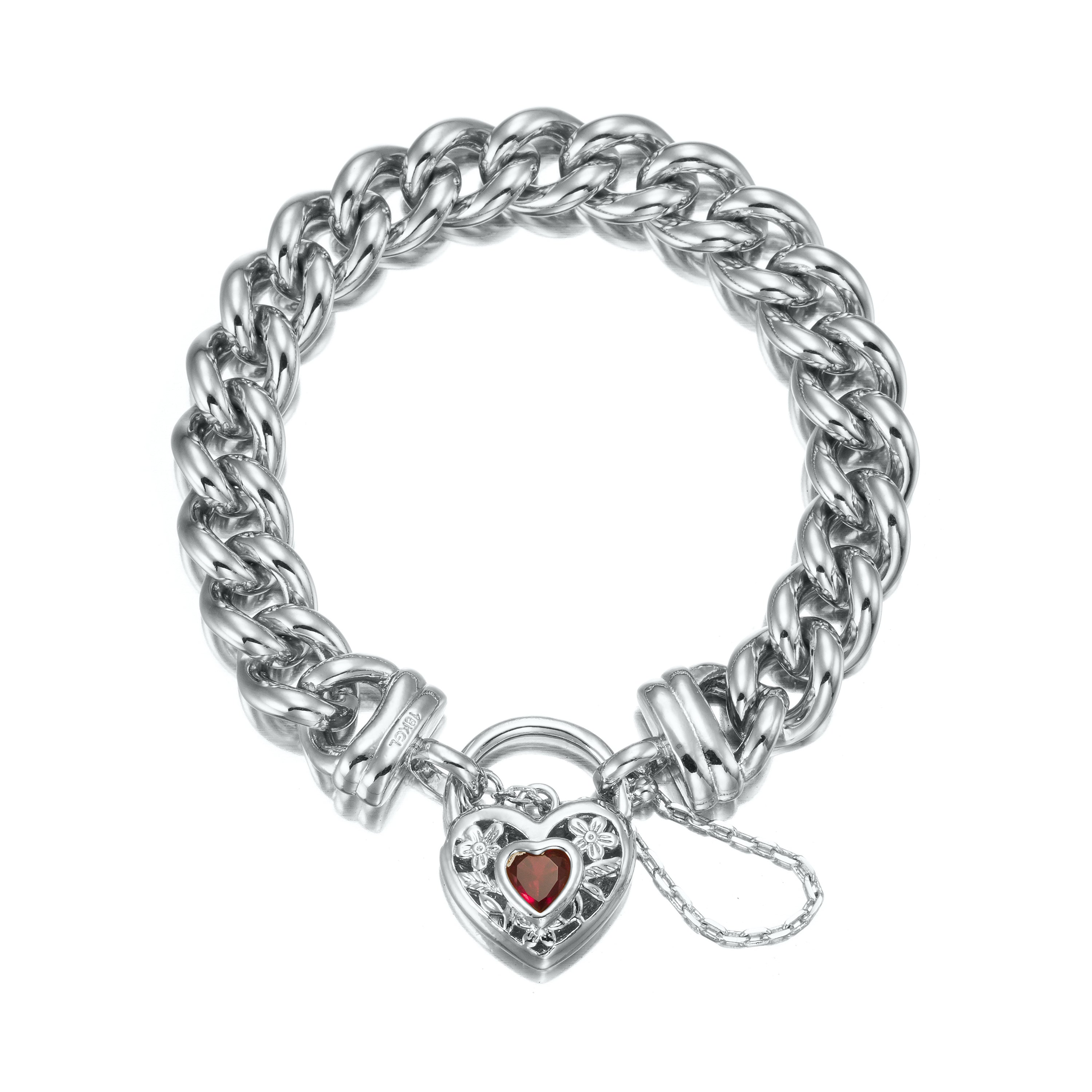 925 Sterling Silver Plated 12mm Euro Curb Chain Bracelet with a filigree locket and simulated ruby, showcasing its elegant design and craftsmanship.