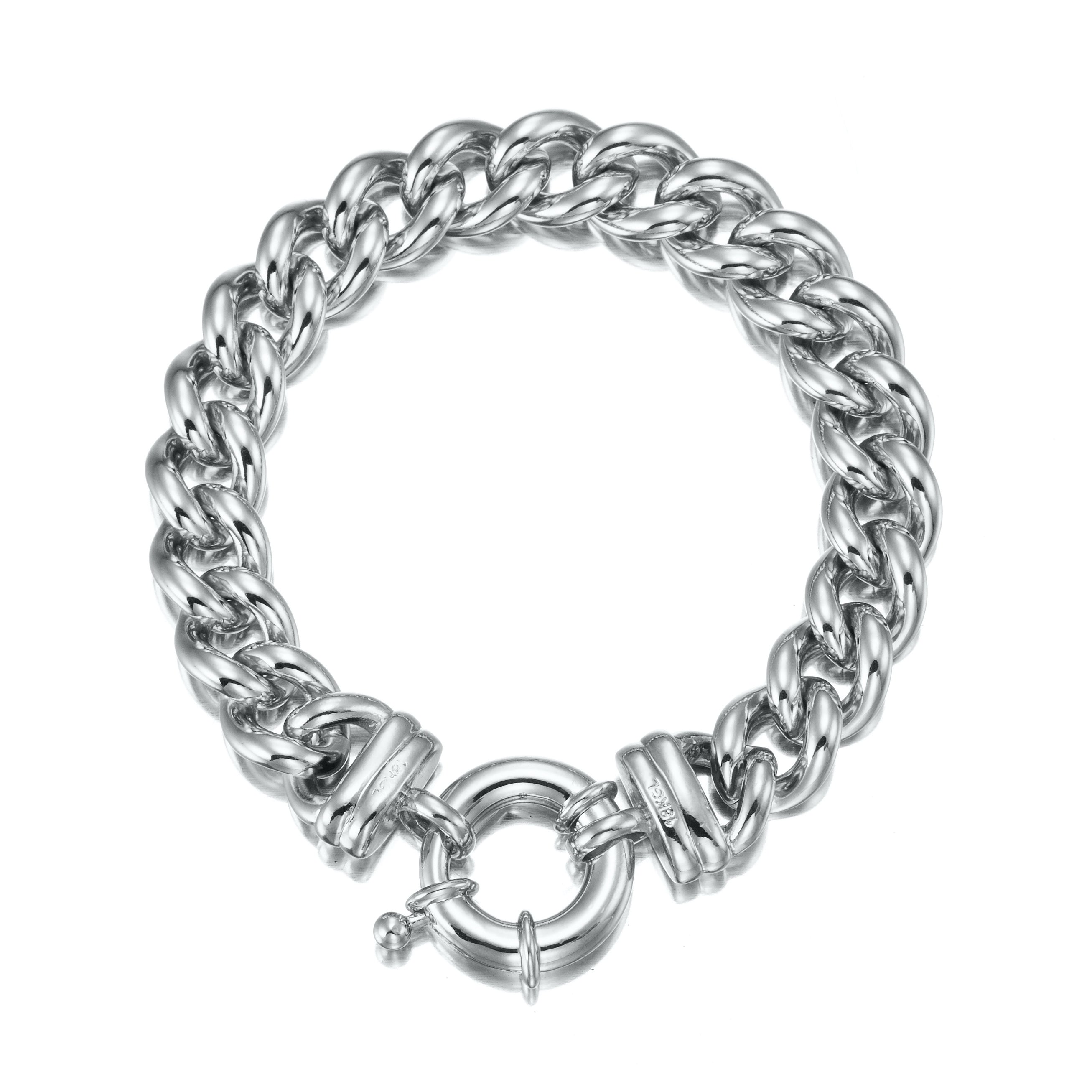 A 925 Sterling Silver Plated Euro Curb Chain Bracelet featuring a bolt clasp, showcasing its elegant 12mm width and shiny silver finish.