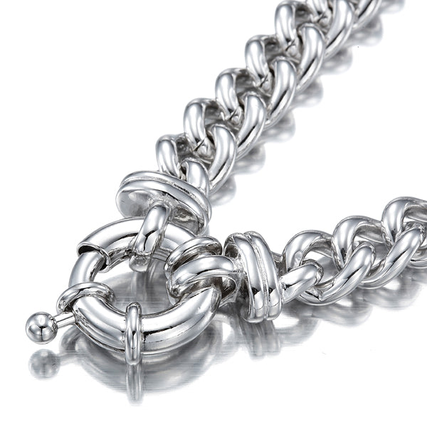 A 925 Sterling Silver Plated Euro Curb Chain Bracelet featuring a bolt clasp, showcasing its elegant 12mm width and shiny silver finish.