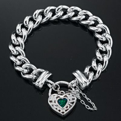925 Sterling Silver Plated Euro Curb Chain Bracelet featuring a Green Filigree Locket, showcasing its elegant design and quality craftsmanship.