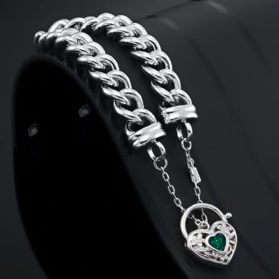 925 Sterling Silver Plated Euro Curb Chain Bracelet featuring a Green Filigree Locket, showcasing its elegant design and quality craftsmanship.
