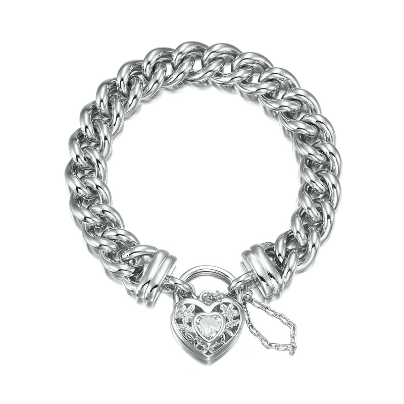 A 925 Sterling Silver Plated Euro Curb Chain Bracelet featuring a filigree locket with a simulated diamond, showcasing its elegant design.