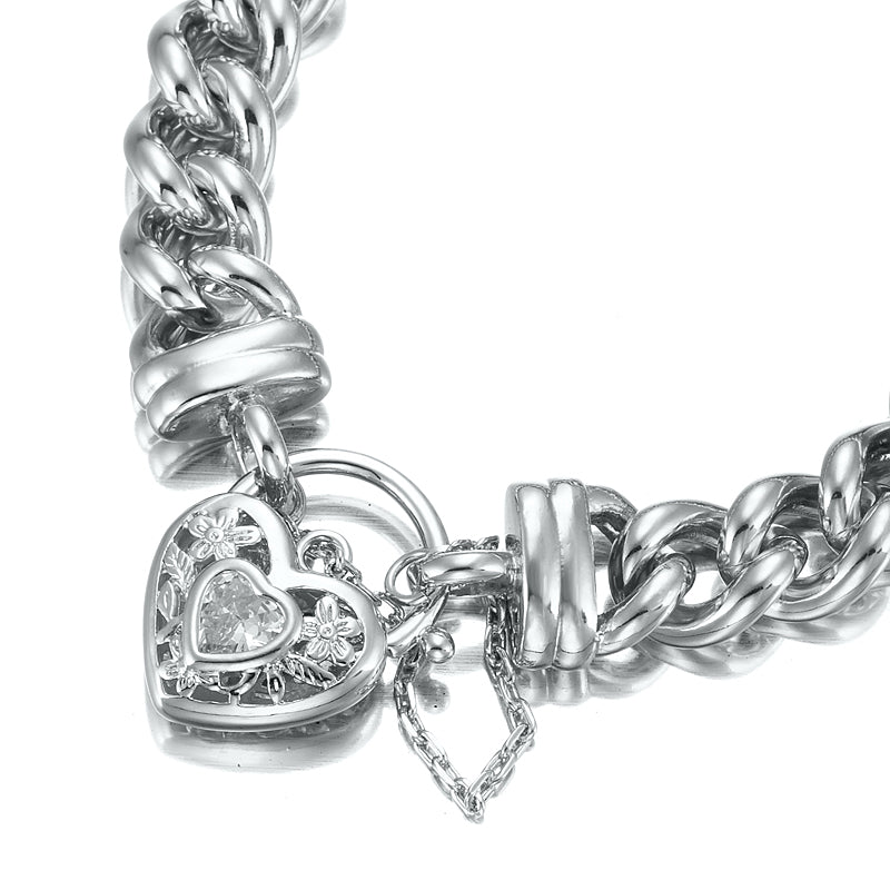 A 925 Sterling Silver Plated Euro Curb Chain Bracelet featuring a filigree locket with a simulated diamond, showcasing its elegant design.