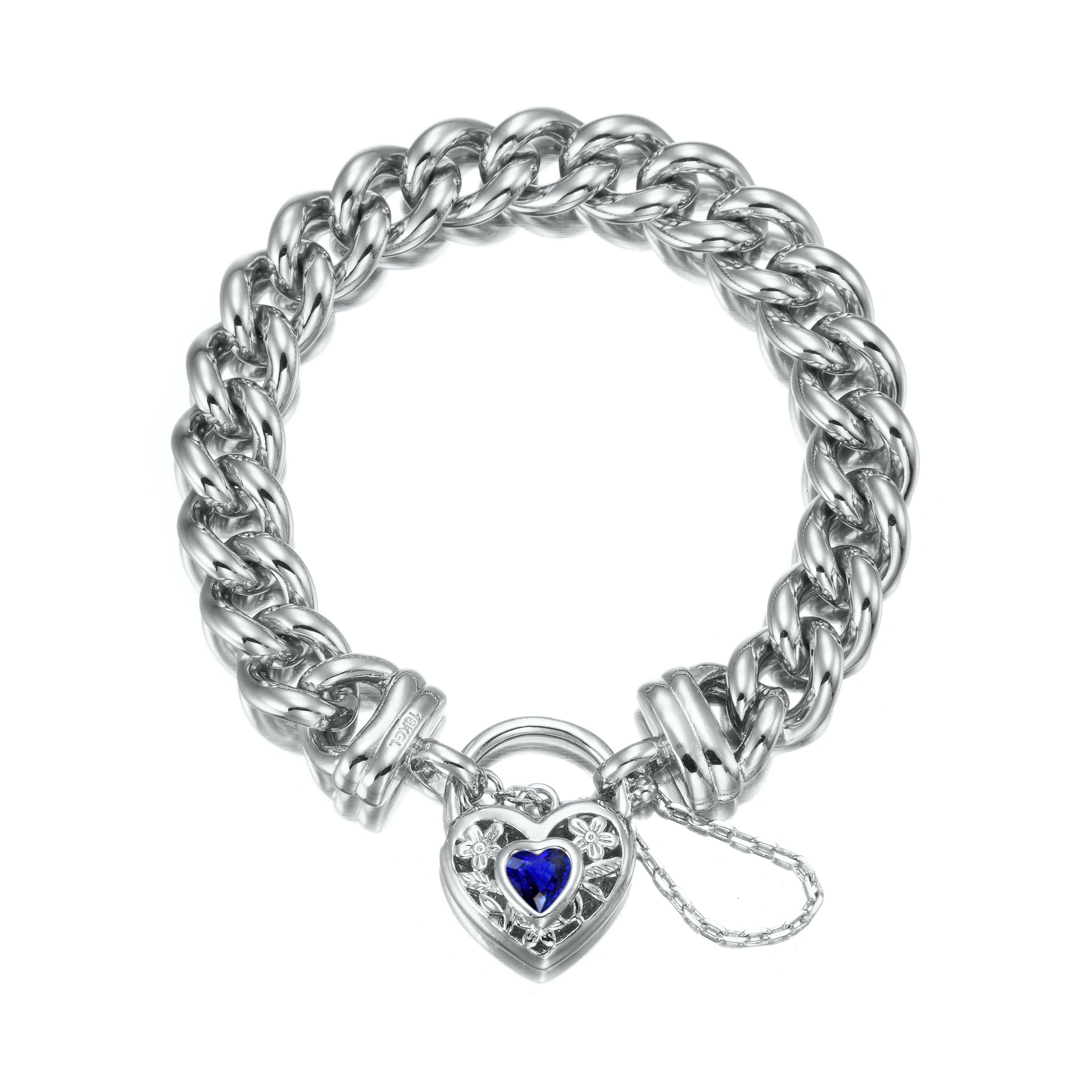925 Sterling Silver Plated 12mm Euro Curb Chain Bracelet featuring a Dark Blue Filigree Locket, showcasing its elegant design and quality craftsmanship.