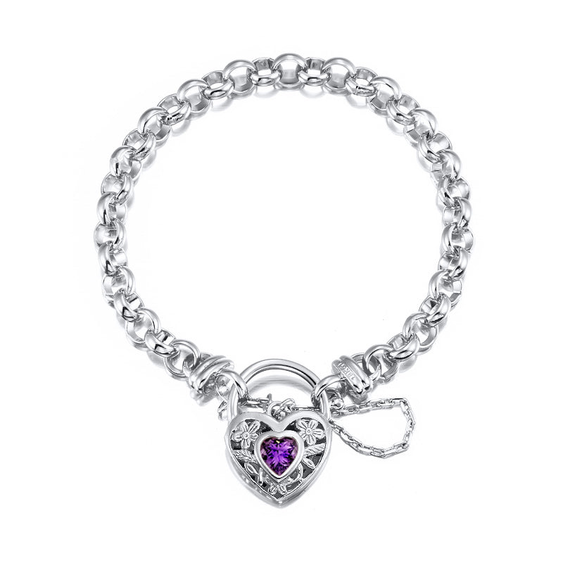 925 Sterling Silver Plated 6mm Belcher Chain Bracelet featuring a purple filigree locket, showcasing its elegant design and craftsmanship.