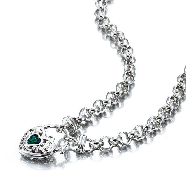 925 Sterling Silver Plated 6mm Belcher Chain Necklace featuring a green filigree locket, showcasing its elegant design and quality craftsmanship.