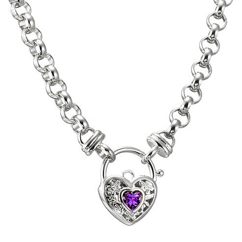 A 925 Sterling Silver Plated 6mm Belcher Chain Necklace featuring a purple filigree locket, showcasing its elegant design and quality craftsmanship.