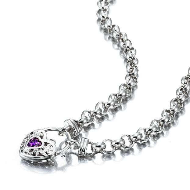 A 925 Sterling Silver Plated 6mm Belcher Chain Necklace featuring a purple filigree locket, showcasing its elegant design and quality craftsmanship.